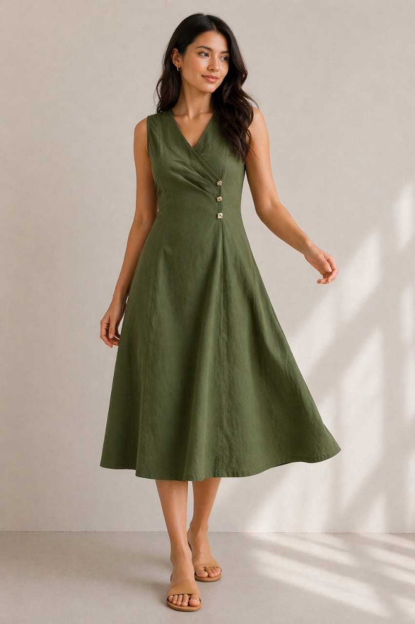 Veya Olive Wrap Midi Dress